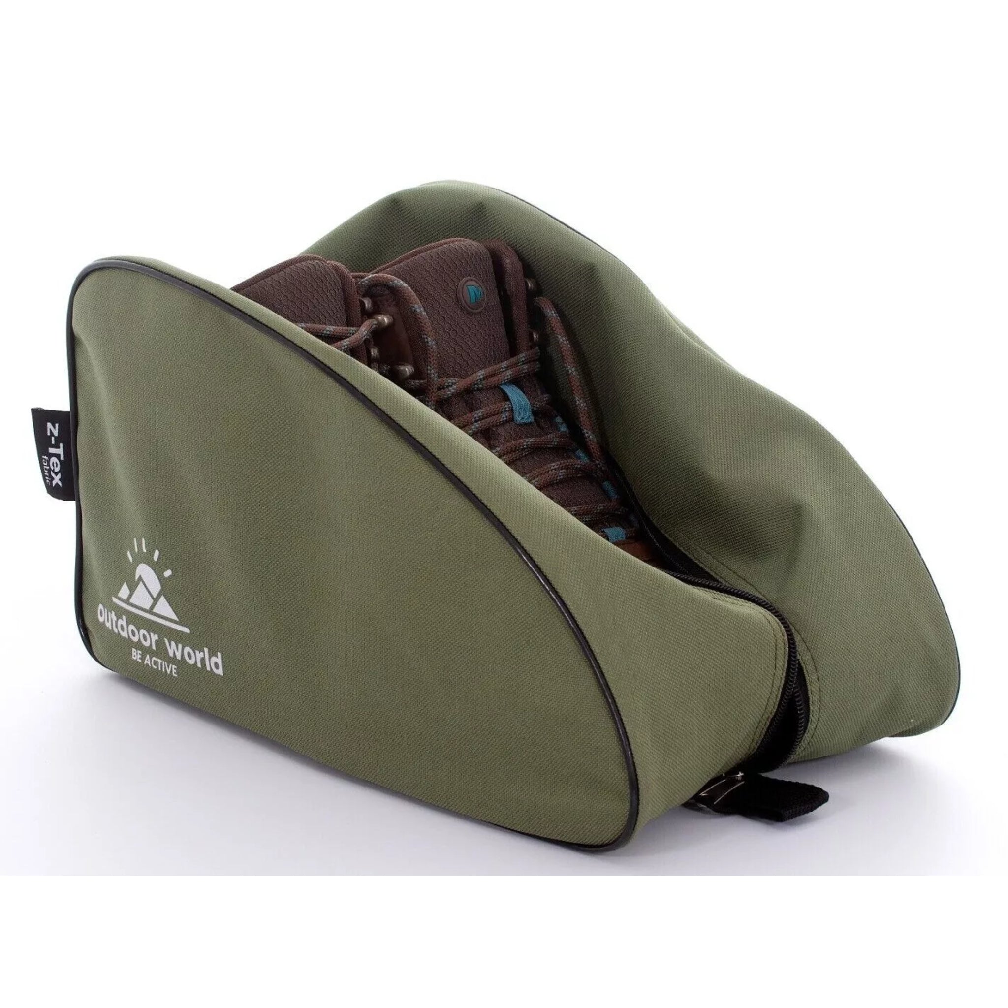 Outdoor World branded waterproof boot bag in olive with 2-way zip, strong carry handle, and durable 600D fabric ā ideal for hiking, sports, and travel